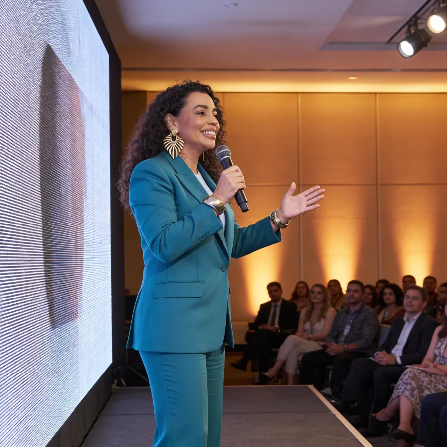 Nany Mota, mentora e estrategista de autoridade, apresentando em um evento